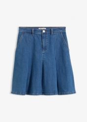 Spódnica jeansowa, z zakładkami, mid waist. Niebieskie spódnice damskie bonprix, bez wzorów, z jeansu. Za 149.99 zł.