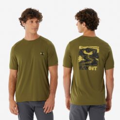 Koszulka turystyczna z krótkim rękawem męska Quechua MH500. Brązowe koszulki sportowe męskie QUECHUA, l, bez wzorów, z materiału, bez kołnierzyka, bez ramiączek, trekkingowe. Za 59.99 zł.