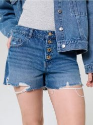 Szorty jeansowe mid waist z przetarciami - niebieski. Niebieskie szorty damskie Sinsay, bez wzorów, z jeansu. Za 59.99 zł.