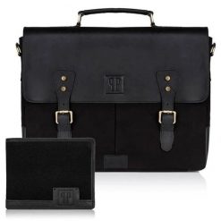 Zestaw PAOLO PERUZZI portfel T-02+ torba męska T-07 ZUP-08-BL. Czarne portfele męskie Paolo Peruzzi, bez wzorów, z bawełny. Za 329.99 zł.