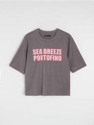 Bawełniana koszulka z napisem Sea Breeze Portofino - szary. Szare t-shirty damskie Sinsay, l, bez wzorów, z bawełny, bez kołnierzyka. Za 25.99 zł.