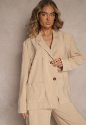 Beżowa Marynarka z Modalu o Pudełkowym Fasonie Oversize z Kieszonkami Maviline. Brązowe żakiety damskie Renee, l, bez wzorów. Za 199.99 zł.