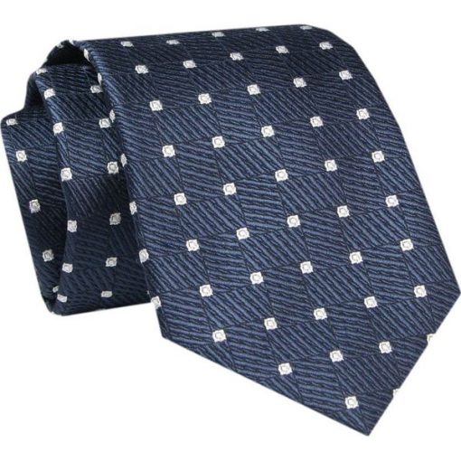 Męski Krawat - ALTIES - Klasyczny - Granat w Białe Grochy. Niebieskie krawaty i muchy Alties, bez wzorów, z tkaniny, eleganckie. Za 55.00 zł.
