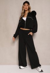 Czarny Komplet Dresowy z Wiskozą Spodnie o Szerokim Kroju i Bluza z Broszką Redaella. Czarne bluzy damskie Renee, z aplikacjami, z dresówki, bez kaptura. Za 179.99 zł.