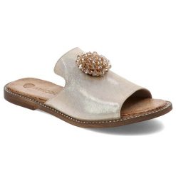 Złote Klapki Armodo Eleganckie Obuwie Damskie. Żółte klapki damskie Armodo, z aplikacjami, z satyny, bez obcasa, na płaskiej podeszwie, bez zapięcia. Za 359.00 zł.