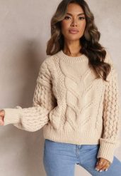 Beżowy Sweter z Wełną i Bawełną w Warkoczykowy Splot Kestina. Brązowe swetry damskie Renee, m, z aplikacjami, z bawełny, casualowe, bez kołnierzyka, bez ramiączek, bez kaptura. Za 84.99 zł.