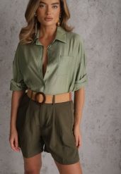 Zielone Szorty Casual z Wiskozą High Waist Ozdobione Paskiem z Plecionki Kailee. Zielone szorty damskie Renee, l, bez wzorów, z materiału, casualowe, z podwyższonym stanem. Za 99.99 zł.