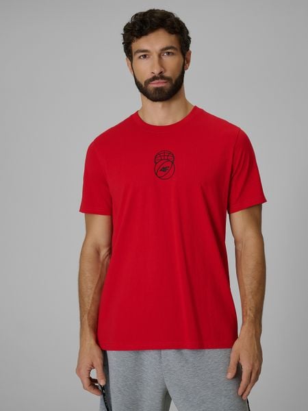 4F T-shirt regular z nadrukiem męski - czerwony L. Czerwone t-shirty męskie 4f, l, bez wzorów, z bawełny, klasyczne, bez kołnierzyka. Za 59.99 zł.