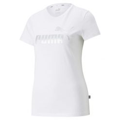 Damska koszulka z metalicznym logo Essentials+ PUMA White Silver Metallic. Białe koszulki sportowe damskie Puma, s, bez wzorów, eleganckie, bez kołnierzyka. Za 153.00 zł.
