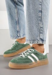 Zielone Skórzane Sneakersy Klasyczne Tenisówki z Zamszu Naturalnego Teniresela. Zielone trampki i tenisówki damskie Born2be, bez wzorów, z materiału, klasyczne, bez zapięcia. Za 209.99 zł.