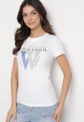 Biały T-shirt z Bawełny Ozdobiony Napisem i Cyrkoniami Raltebis. Białe bluzki damskie Born2be, m, bez wzorów, z bawełny, klasyczne, bez kołnierzyka. Za 34.99 zł.