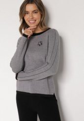 Szary Sweter Ozdobiony Paskami i Aplikacją Tusanne. Szare swetry damskie Born2be, uniwersalny, z aplikacjami, z jeansu, eleganckie, bez kołnierzyka, bez ramiączek, bez kaptura. Za 79.99 zł.