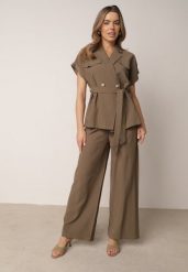 Zielony Letni Komplet z Wiskozy i Lnu Szerokie Spodnie i Bluzka z Wiązaniem Pesalia. Zielone bluzki damskie Born2be, l, bez wzorów, ze lnu, biznesowe, bez kołnierzyka, bez ramiączek. Za 299.99 zł.