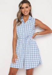 Niebieska Sukienka Koszulowa z Wiskozy z Materiałowym Paskiem w Talii Rivasolin. Niebieskie sukienki damskie Born2be, na spacer, na lato, l, bez wzorów, z materiału, bez kołnierzyka, bez ramiączek, mini, koszulowe. Za 99.99 zł.