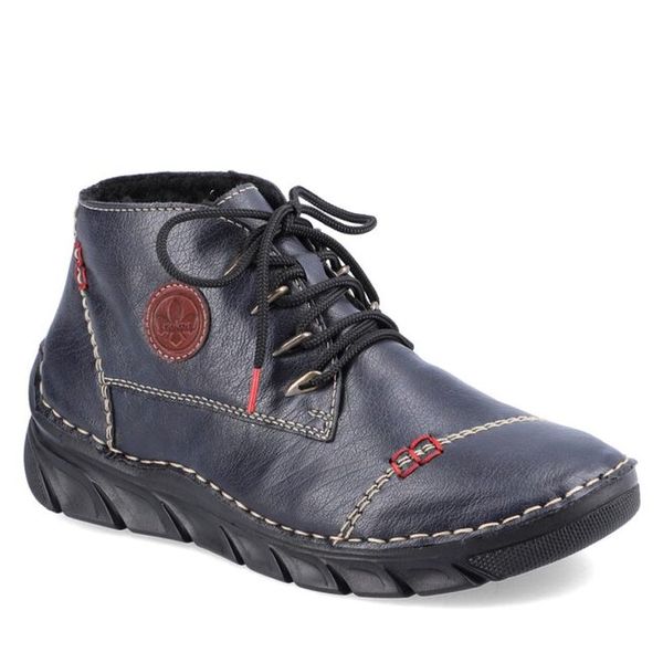 Trzewiki Rieker. Niebieskie botki damskie Rieker, bez obcasa, na płaskiej podeszwie, bez zapięcia. Za 230.99 zł.