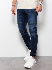 Spodnie męskie marmurkowe JOGGERY z ozdobnymi przeszyciami - granatowe V1. Niebieskie spodnie materiałowe męskie Ombre Clothing, l, bez wzorów, z bawełny. W wyprzedaży za 69.99 zł.