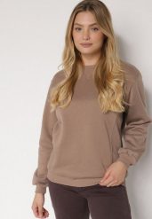 Ciemnobeżowa Bluza z Bawełną Ozdobiona Przeszyciami Fezoria. Brązowe bluzy damskie Born2be, l, bez wzorów, z bawełny, bez kaptura. Za 69.99 zł.