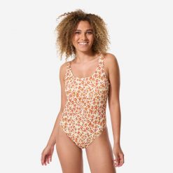 Kostium kąpielowy jednoczęściowy surfingowy damski Decathlon Aurely. Brązowe kostiumy jednoczęściowe damskie OLAIAN, bez wzorów, z elastanu, eleganckie. Za 69.99 zł.