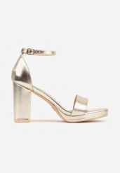 Złote Sandały VICES na Słupkowym Obcasie ze Skórzaną Wkładką Azimera. Żółte sandały damskie Renee, bez wzorów, z koronki, bez obcasa, na obcasie, bez zapięcia. Za 109.99 zł.