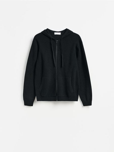 Rozpinany sweter z kapturem - czarny. Czarne kardigany męskie Reserved, l, bez wzorów, z bawełny. W wyprzedaży za 79.99 zł.