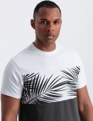 Ombre T-shirt meski dwukolorowy z nadrukiem w liście palmy - grafitowy V2 OM-TSPT-0177 M. Szare t-shirty męskie Ombre, m, bez wzorów, bez kołnierzyka. Za 59.99 zł.