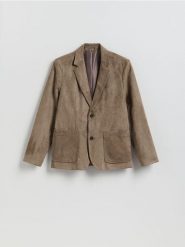 Marynarka regular fit z imitacji zamszu - ciemnozielony. Zielone marynarki męskie Reserved, bez wzorów. Za 199.99 zł.