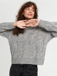 Sweter z ozdobnym splotem - szary. Szare swetry damskie Sinsay, l, bez wzorów, z wełny, bez kołnierzyka, bez ramiączek, bez kaptura. Za 69.99 zł.