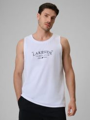 4F Koszulka bez rękawów regular z nadrukiem męska - biała L. Białe t-shirty męskie 4f, l, bez wzorów, z bawełny, bez kołnierzyka. Za 59.99 zł.