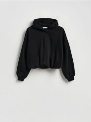 Krótka bluza z bawełną - czarny. Czarne bluzy damskie Reserved, l, bez wzorów, z bawełny, bez kaptura. Za 89.99 zł.