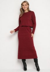 Bordowy Komplet Dzianinowy z Wiskozą Spódnica z Gumką w Talii i Rozcięciem oraz Bluzka Ilika. Czerwone bluzki damskie Born2be, bez wzorów, z dzianiny, eleganckie. Za 139.99 zł.