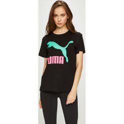 Puma - Top. Brązowe topy damskie Puma, z nadrukiem, z bawełny, z okrągłym kołnierzem, z krótkim rękawem. W wyprzedaży za 99.90 zł.