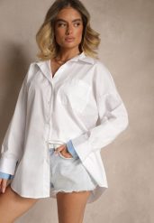 Biała Bawełniana Koszula Typu Oversize Ronmira. Białe bluzki damskie Renee, uniwersalny, bez wzorów, z bawełny, eleganckie, bez kołnierzyka, bez ramiączek. Za 89.99 zł.