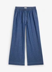 Dżinsy Wide Leg, mid waist, wygodny pasek. Niebieskie jeansy damskie bonprix. Za 119.99 zł.