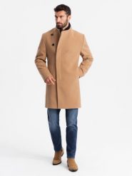 Męski płaszcz z asymetrycznym zapięciem i wysokim kołnierzem – jasnobrązowy V4 OM-COWC-0120 - XXL. Brązowe płaszcze męskie Ombre Clothing, l, z aplikacjami, z materiału, eleganckie, długie, bez kaptura. Za 311.99 zł.
