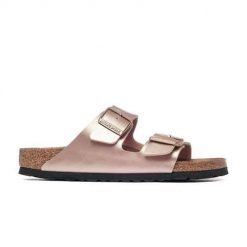 Klapki damskie Birkenstock Arizona Bf Copper. Brązowe klapki damskie Birkenstock, bez wzorów, z materiału, sportowe, bez obcasa. Za 514.00 zł.