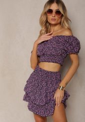 Granatowy Komplet w Kwiaty 2-Częściowy Top w Stylu Hiszpanki i Spódnica z Falbanką Crispa. Niebieskie spódnice damskie Renee, l, bez wzorów, z materiału, wakacyjne, dopasowane. Za 44.99 zł.