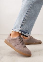 Ciemnobeżowe Zamszowe Sneakersy z Wkładką ze Skóry Naturalnej w Stylu Tenisówek Adredine. Brązowe obuwie sportowe damskie Renee, bez wzorów, z jeansu, tenisowe. Za 199.99 zł.