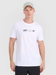 4F T-shirt regular z nadrukiem męski - biały XL. Białe koszulki sportowe męskie 4f, m, bez wzorów, z bawełny, klasyczne, bez kołnierzyka. Za 59.99 zł.