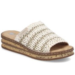 Klapki damskie na koturnie beżowe Rieker 629X8-60. Brązowe klapki damskie Rieker, bez wzorów, z tkaniny, bez obcasa, na koturnie. Za 319.00 zł.