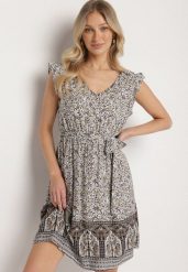 Czarna Wiskozowa Sukienka o Rozkloszowanym Kroju z Wiązanym Paskiem Sepona. Czarne sukienki damskie Born2be, na co dzień, m, z aplikacjami, z wiskozy, eleganckie, bez kołnierzyka, bez ramiączek, mini, rozkloszowane. Za 39.99 zł.