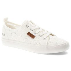 Trampki damskie Big Star, koronkowo-materiałowa sznurowana cholewka na klasycznym płaskim gumowym spodzie, białe, W274925. Białe trampki i tenisówki damskie Big Star, z aplikacjami, z gumy, klasyczne, bez zapięcia. Za 109.00 zł.