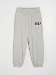 Dresowe spodnie jogger z haftowanym napisem USA - szary. Szare spodnie dresowe damskie Sinsay, l, bez wzorów, z dresówki. Za 39.99 zł.