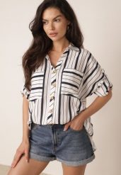 Niebieska Letnia Koszula Oversize z Bawełny w Paski z Nietoperzowymi Rękawami Sheilla. Niebieskie bluzki damskie Born2be, bez wzorów, z bawełny, eleganckie, bez kołnierzyka, bez ramiączek. Za 99.99 zł.