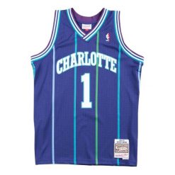 Koszulka NBA Charlotte Hornets Muggsy Bogues. Fioletowe koszulki sportowe męskie Mitchell & Ness, bez wzorów, bez kołnierzyka, bez ramiączek, do koszykówki. Za 577.00 zł.