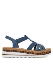 Rieker Sandały V7909-12 Granatowy. Niebieskie sandały damskie Rieker, bez wzorów, z materiału, bez obcasa, na koturnie, bez zapięcia. Za 219.99 zł.
