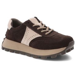Sneakersy damskie Filippo o sportowym fasonie z kontrastowymi wstawkami i jasnymi sznurówkami osadzone na masywnej podeszwie z bieżnikiem ciemnobrązo. Brązowe półbuty damskie Filippo, bez wzorów, sportowe, bez obcasa, na platformie, bez zapięcia. Za 209.00 zł.