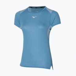 Koszulka do biegania damska Mizuno DryAeroFlow Tee. Niebieskie koszulki sportowe damskie Mizuno, l, bez wzorów, z materiału, bez kołnierzyka, bez ramiączek, do biegania. Za 129.99 zł.