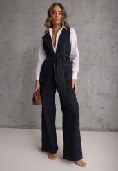 Granatowy Garniturowy Komplet Spodnie o Szerokim Kroju i Kamizelka z Paskiem Danynril. Niebieskie spodnie materiałowe damskie Renee, l, bez wzorów. Za 219.99 zł.