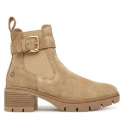 Botki Tamaris. Brązowe botki damskie Tamaris, bez obcasa, na słupku, bez zapięcia. Za 359.99 zł.