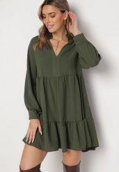 Zielona Luźna Sukienka Mini z Falbanką i Mankietami na Rękawach Vertecja. Zielone sukienki damskie Born2be, bez wzorów, bez kołnierzyka, bez ramiączek, mini. Za 44.99 zł.